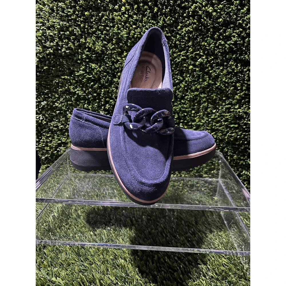 Clarks Zylah May Navy Suede Chain Loafers Platform Style Comfort Shoes Size 9M